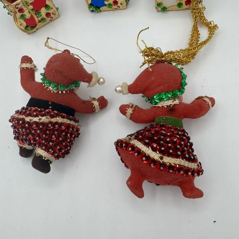Vintage Santa and Mrs Claus Sequin Ornaments with Beaded Gift Box Set of 5